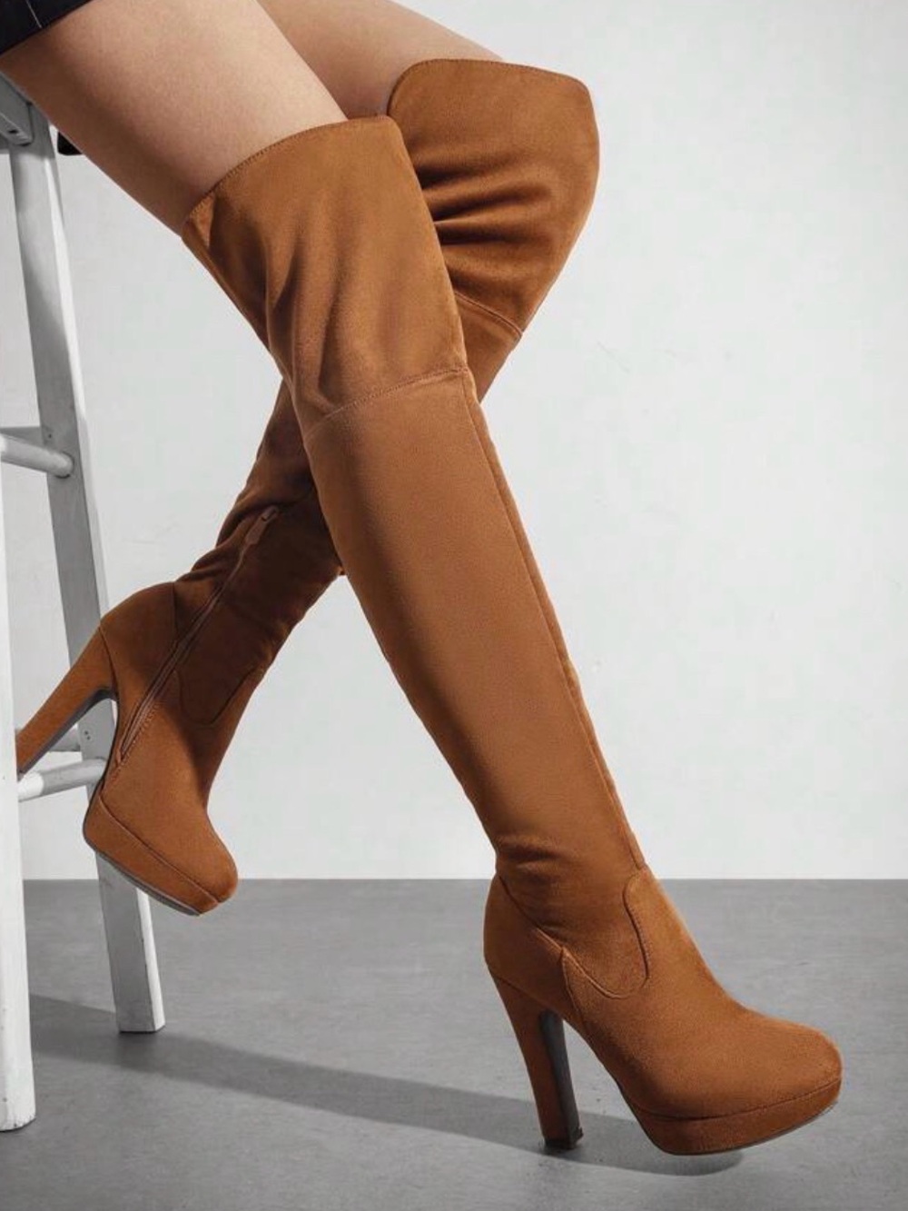 Suede Over-the-Knee Platform Boots - Tan